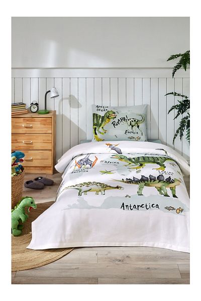 Özdilek Single 100% Cotton Children's Pique Set Dinasour Time Green