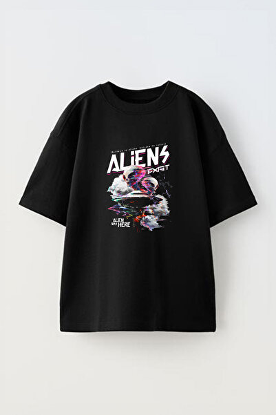 Anetos Tricou Aliens Exist Pre cu imprimeu Cotton Black supradimensionat