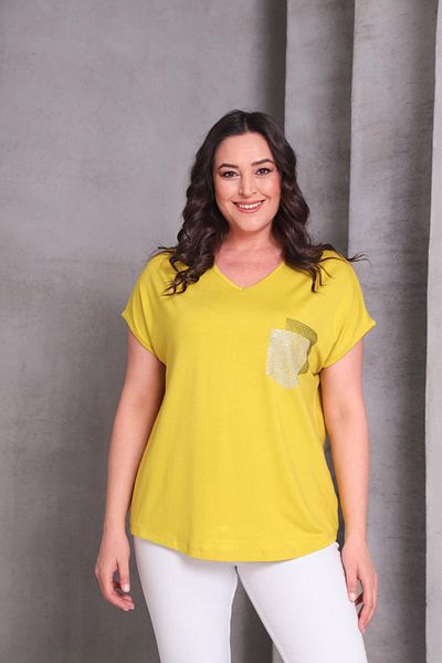 Ebsumu Women's Plus Size Pocket Print Detail Yellow Blouse