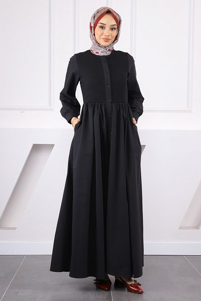 İmajButik Black Embossed Front Button Dress