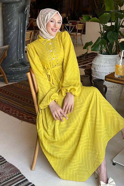 benguen Πέτρινο λεπτομερές φόρεμα Hijab Mustard 1412