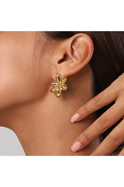 Siya Silver Altın Kaplama Gold Renk Çiçek Model Kadın Çelik Küpe