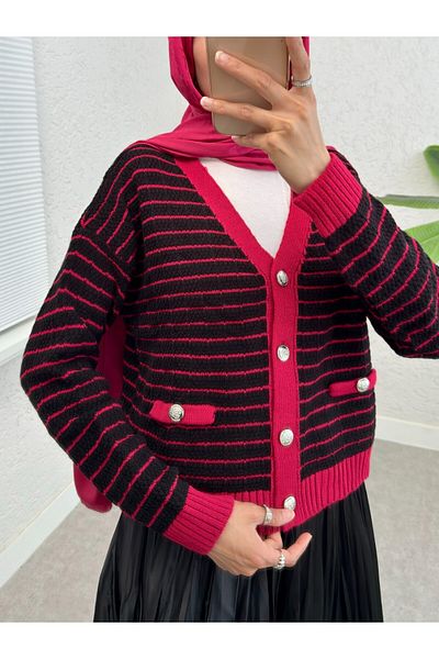 Modamorfo Buttoned Pocket Detailed Thin Striped Knitwear Cardigan - Cherry
