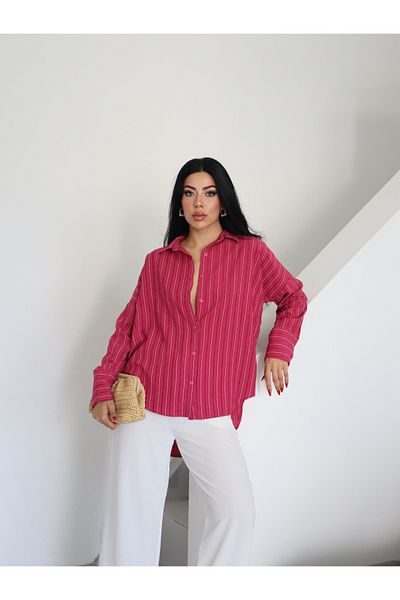 Fashionbox раирана текстурирана риза със свободна кройка