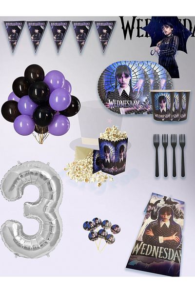 PartyPoo مجموعة حفلات عيد ميلاد فاخرة تحت عنوان Wednesday Addams تتسع لـ 16 شخصًا - حزمة خاصة مع بالونات أرقام