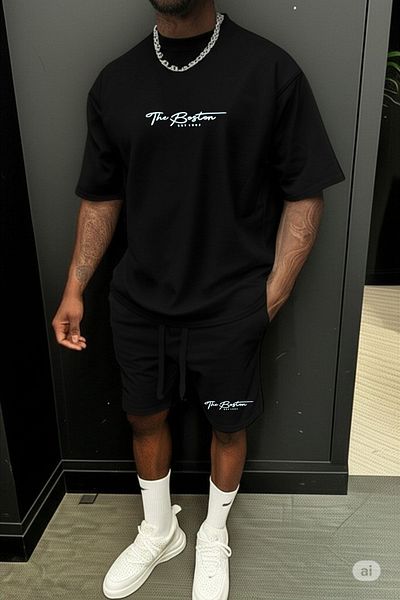 NO 601 Men's Black Fine Futter Boston Printed Orphan Sleeve Tshirt Shorts Set