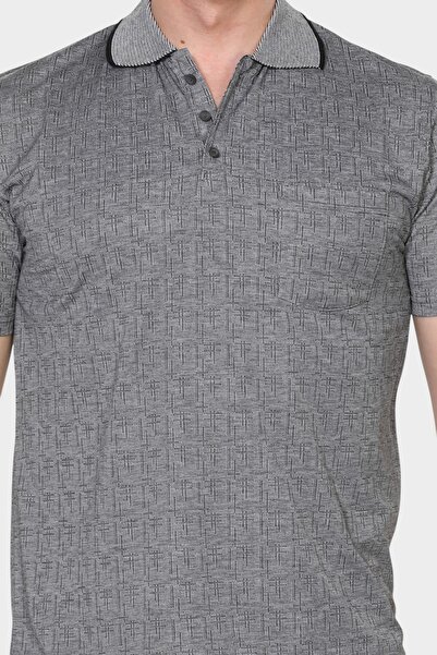 HEDEFNUR TEKSTİL Ανδρικό μπλουζάκι Dad Grey με γιακά, μοτίβο τσέπης, κλασικό κόψιμο