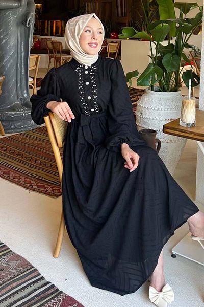 benguen Πέτρινο Λεπτομερές Φόρεμα Hijab Μαύρο 1412