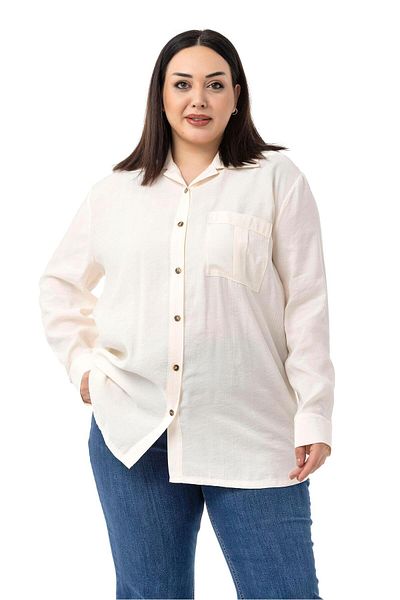 DISENTIS MODEST Large Size Ecru Shirt with One Pocket on the Chest
