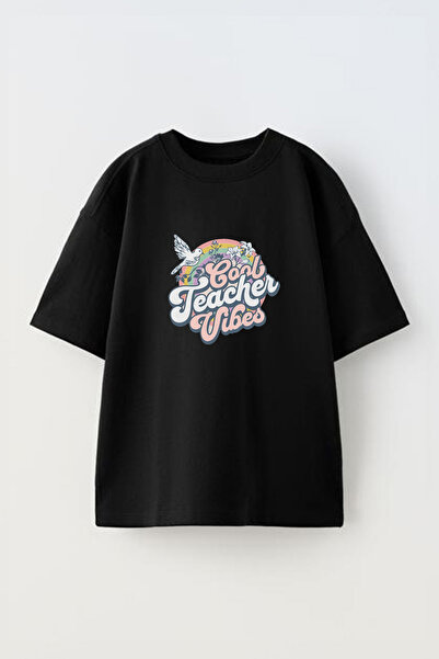 Anetos Tricou Cool Teacher Vibes Front cu imprimeu Cotton Black supradimensionat
