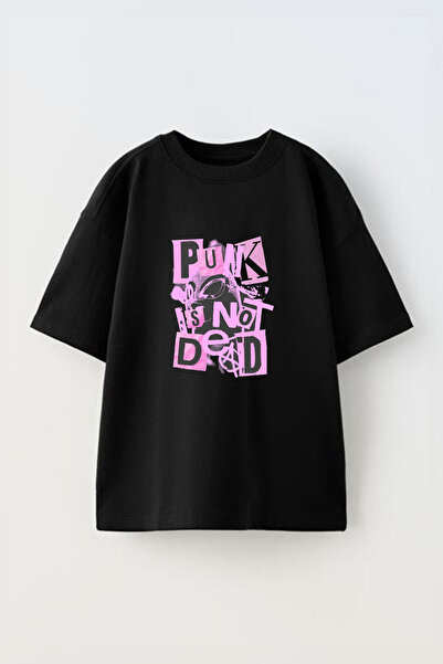 Anetos Tricou oversize negru din bumbac cu imprimeu roz pe față "Punk Is Not ...