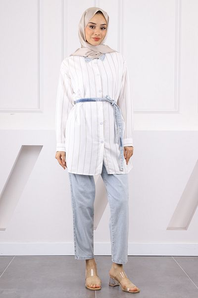 İmajButik Light Blue Waist Belted Jeans Garnished Tunic Trousers Suit