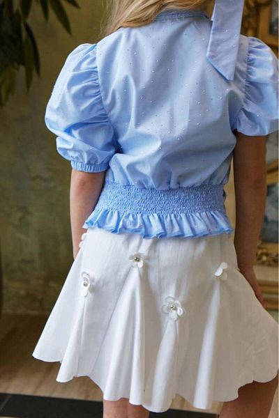 Riccotarz Girl's Balloon Sleeve Overhead Stone Embroidery Asymmetrical Cut Blue Shirt and Floral Motif Skirt Suit