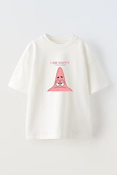 Anetos Tricou SpongeBob Patrick I Am Happy Pre cu imprimeu din bumbac alb supradimensionat