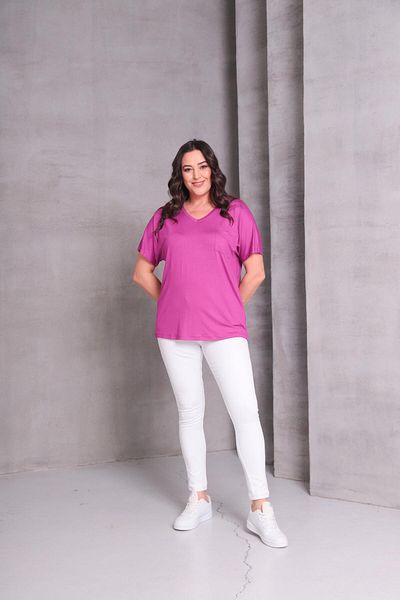 Ebsumu Women's Plus Size Single Pocket Detail Basic Pink T-Shirt
