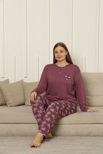TAMPAP Viscose Fabric Women's Plus Size Long Sleeve Pajama Set