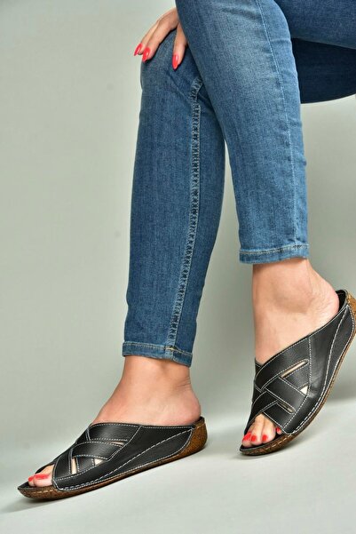 Fox Shoes U555123403 Black Genuine Leather Women's Slippers