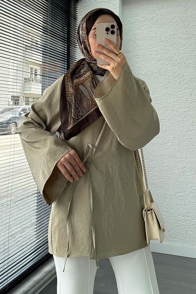 MELEK ARAZ Collar Pleated Tie Kimono Tunic – Mildew Green