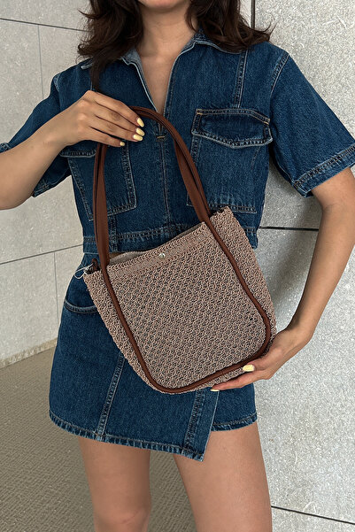 Shule Bags Palma Handmade Midi Straw Shoulder Bag Mink