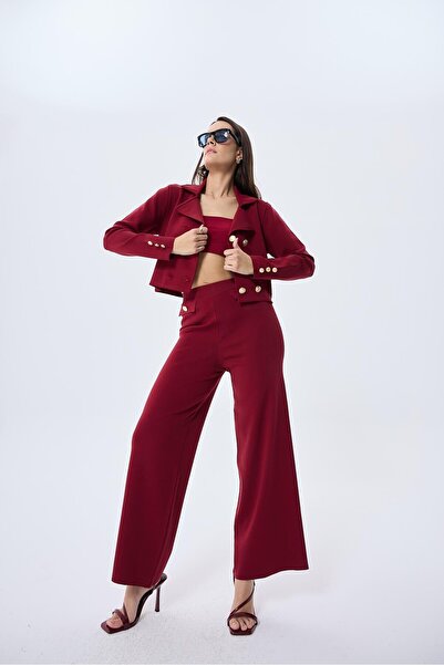 Peraluna Styleboom X Peraluna MARLENE TROUSER Button Detailed Loose Fit Women's Knit Trousers - Bordeaux