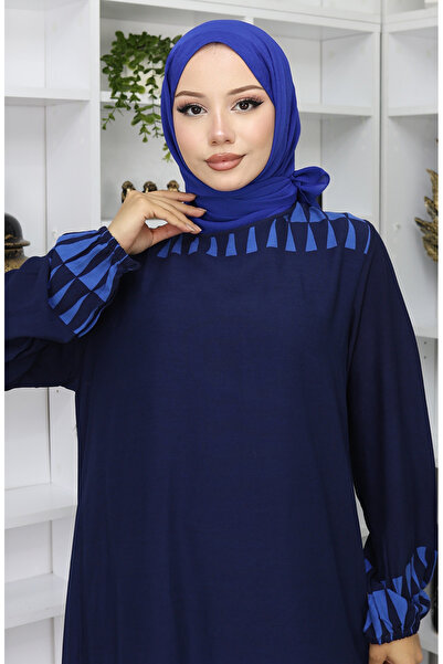 sefamerve Kolu lastikli Desenli Elbise 0084-01 Lacivert