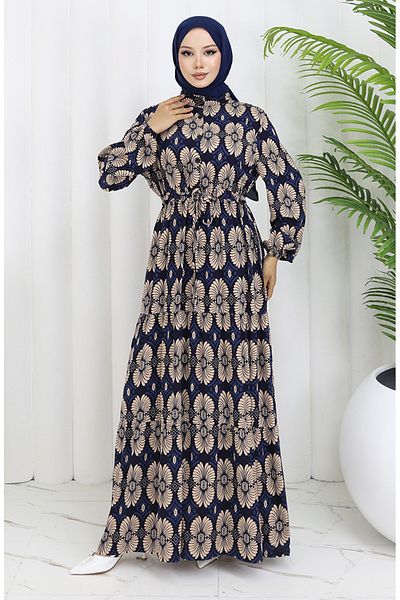 sefamerve Viscose Fabric Buttoned Patterned Dress 2053-02 Navy Blue Mink