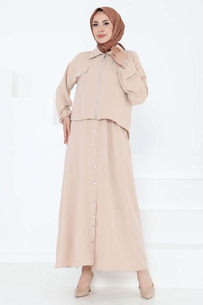 TOFİSA Zipper Detail Dress Suit Beige - 27178