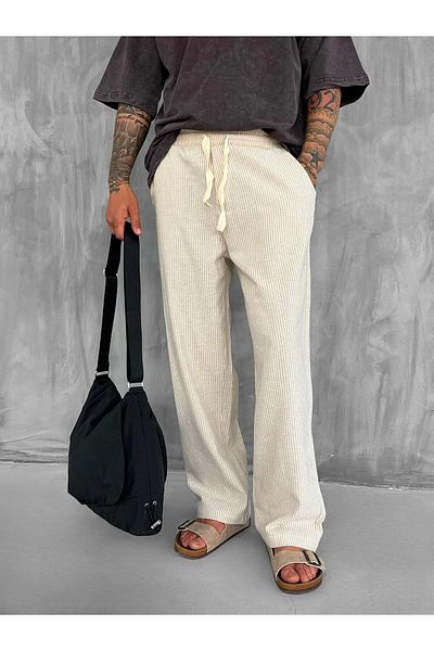 ablukaonline Men's Elastic Waist Striped Baggy Fit Trousers Beige