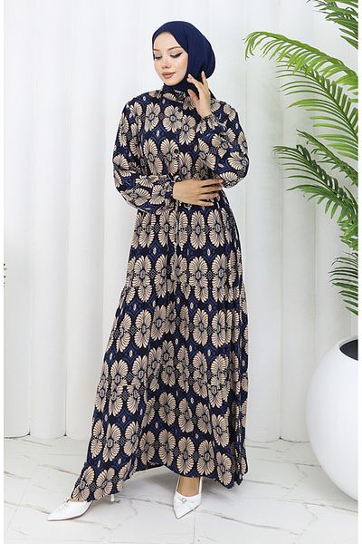 sefamerve Viscose Fabric Buttoned Patterned Dress 2053-02 Navy Blue Mink