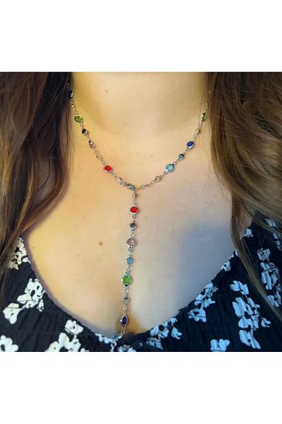 Eylülün Takısı Women's Steel Silver Color Colorful Stone Y Necklace