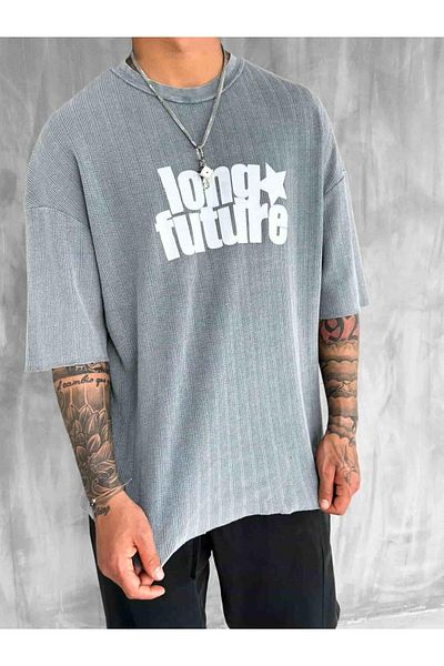 ablukaonline Men's Washed Rib Fabric Oversize T-Shirt Gray