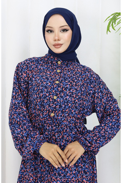 sefamerve Kolu lastikli Desenli Elbise 2057-03 Lacivert