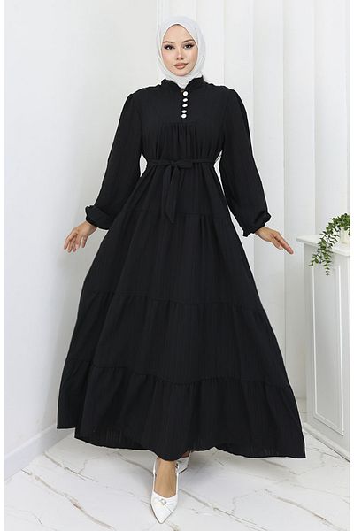 sefamerve Button Detailed Gathered Dress 2065-01 Black
