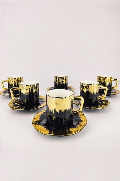 Kosova Porcelain 6-Piece Coffee Cup Set Black Gold