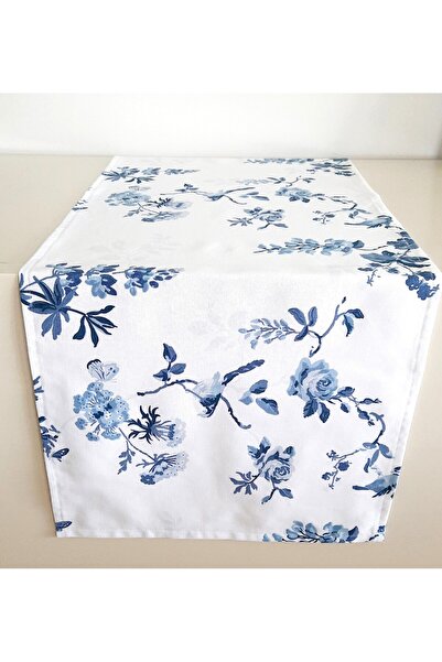Fabric by Gülçin Koton 48*220cm. Pamuklu Kumaş Beyaz Renk Blue Blanc Kuş Dese...