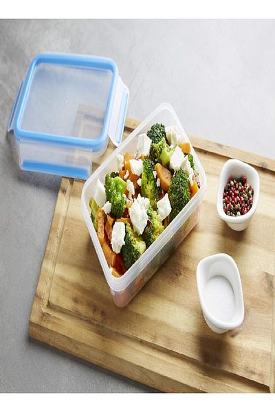 emsa Clip & Close Rectangular Food Storage Container 0.8L – With Lid, Transparent/Blue