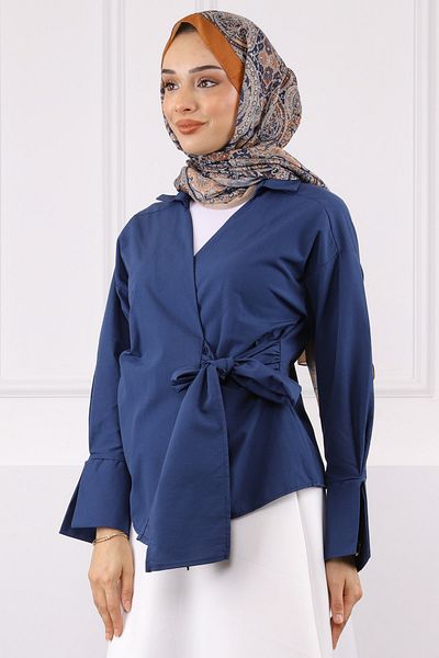 İmajButik Πουκάμισο με πλαϊνό δέσιμο Navy Blue