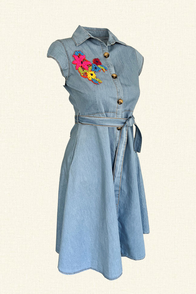 GZ Design Colorful Beading Embroidered Midi Length Light Color Jean Dress
