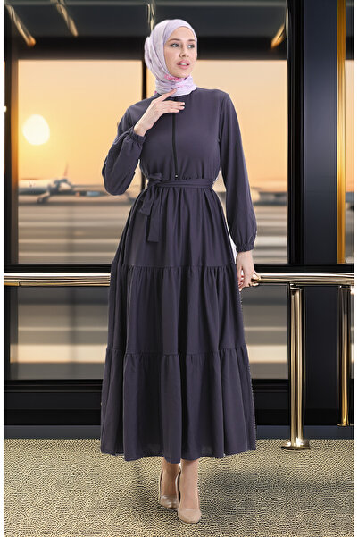 sefamerve Yarım Fermuarlı Büzgülü Elbise 1202-03 Antrasit