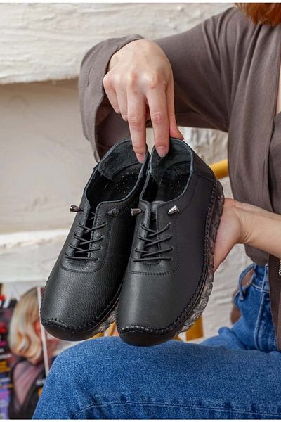 KOCAMANLAR Ayakdaş Genuine Leather Orthopedic Women's Ballerina Shoes with Saddle Detail Black