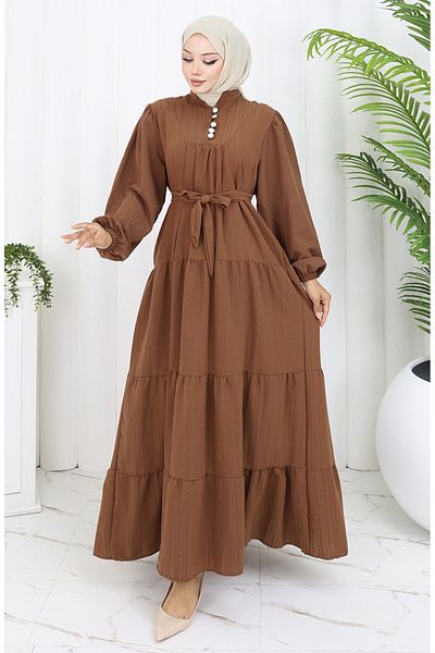 sefamerve Button Detailed Gathered Dress 2065-03 Brown
