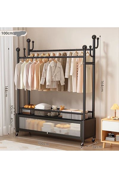 Un Clothes rack with lower storage unit covered with a transparent door that opens at a 90° angle, equipped with wheels for easy transportation