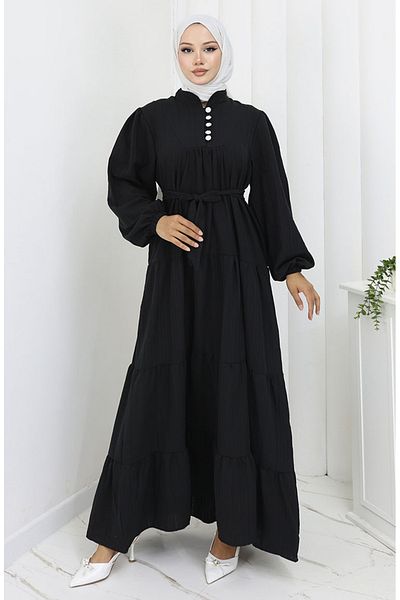 sefamerve Button Detailed Gathered Dress 2065-01 Black