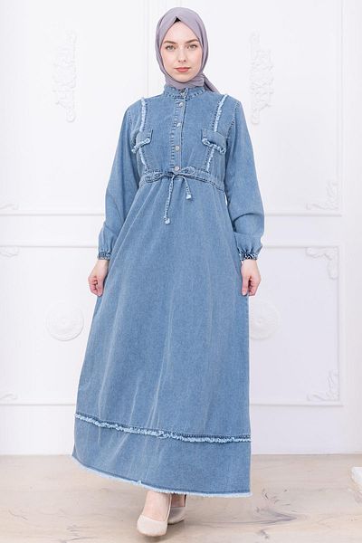 hafsamina Skirt Tassel Button Tie up Denim Dress Blue Hm2673