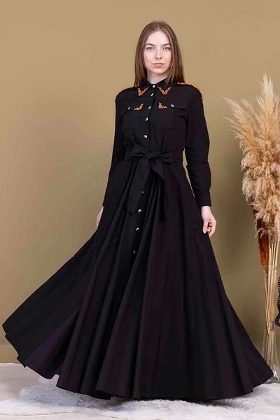 lodmela Lacing Detail Beaded Poplin Dress 2723-Black