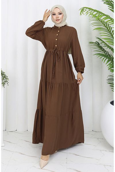 sefamerve Viscose Fabric Half Button Dress 0085-03 Brown