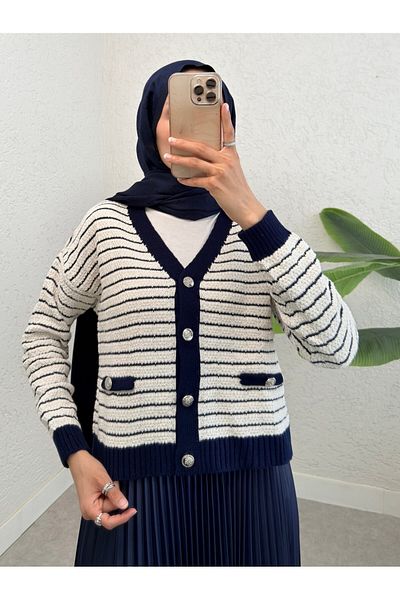 Modamorfo Buttoned Pocket Detailed Fine Striped Knitwear Cardigan