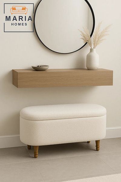 MARIA HOMES Oval White Ottoman with Soft Upholstery and Turned Wooden Legs