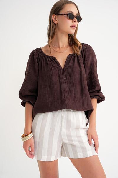 Mixray 4707 Γυναικεία μπλούζα μουσελίνας με κορδόνι με λαβή και ελαστική μπλούζα καφέ