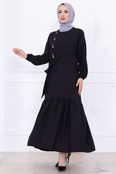 hafsamina Μαύρο χιτζάμπ φόρεμα με λεπτομέρεια από πέτρα στο μπροστινό μέρος HM2760
